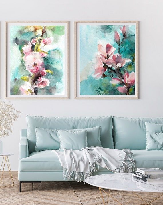Turquoise Wall Art Pink Watercolor Prints Set Of 2 Spring – Etsy Singapore For 2017 Watercolor Wall Art (View 15 of 20)