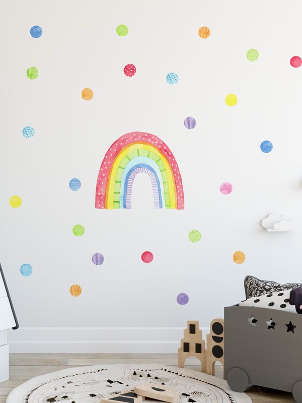 Watercolor Rainbow And Polka Dots Wall Decals – Decobeez In Most Recently Released Dots Wall Art (View 14 of 20)