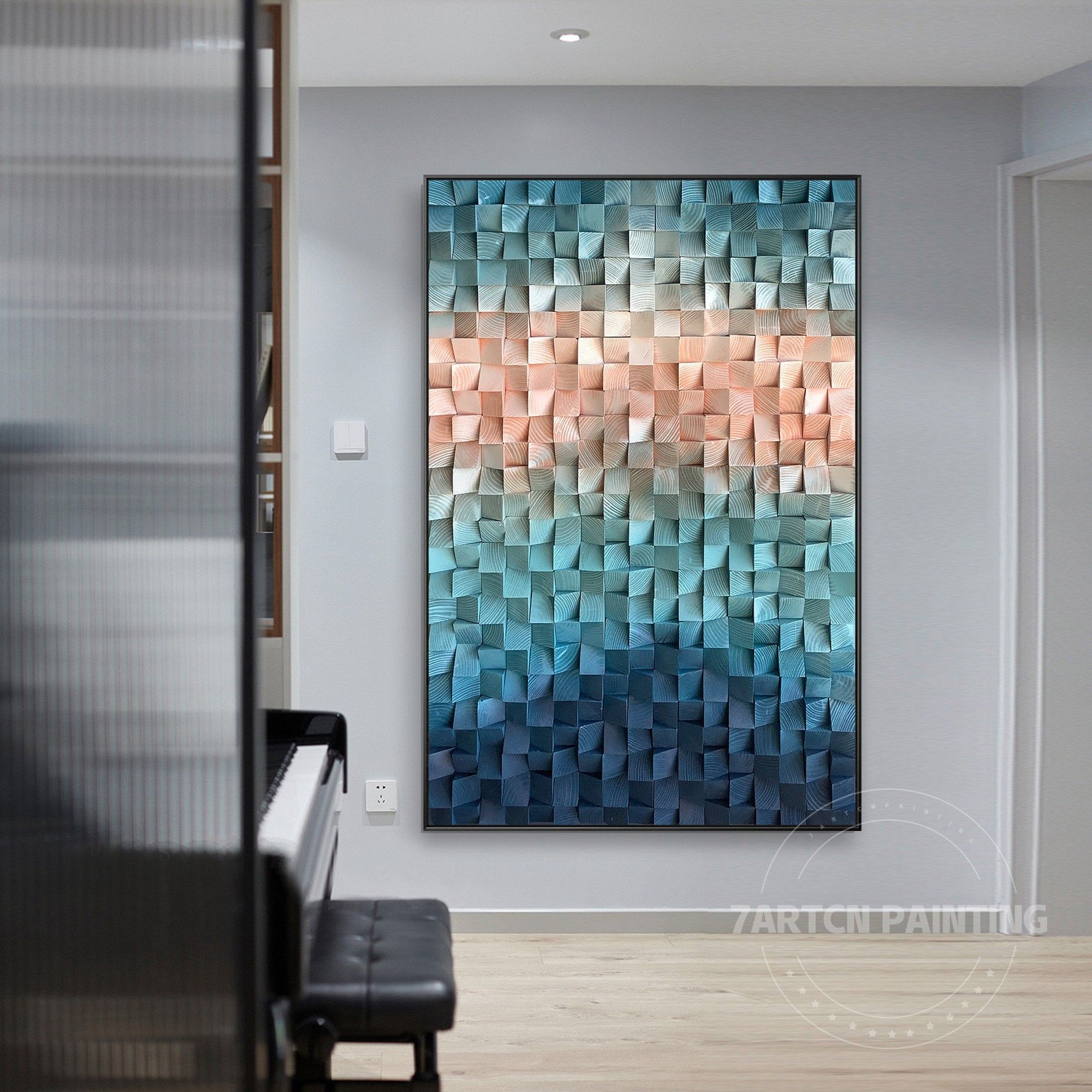 Wood Wall Art In Navy Blue Teal Coral Pinkwood Mosaic – Etsy For Most Recently Released Dark Teal Wood Wall Art (View 5 of 20)