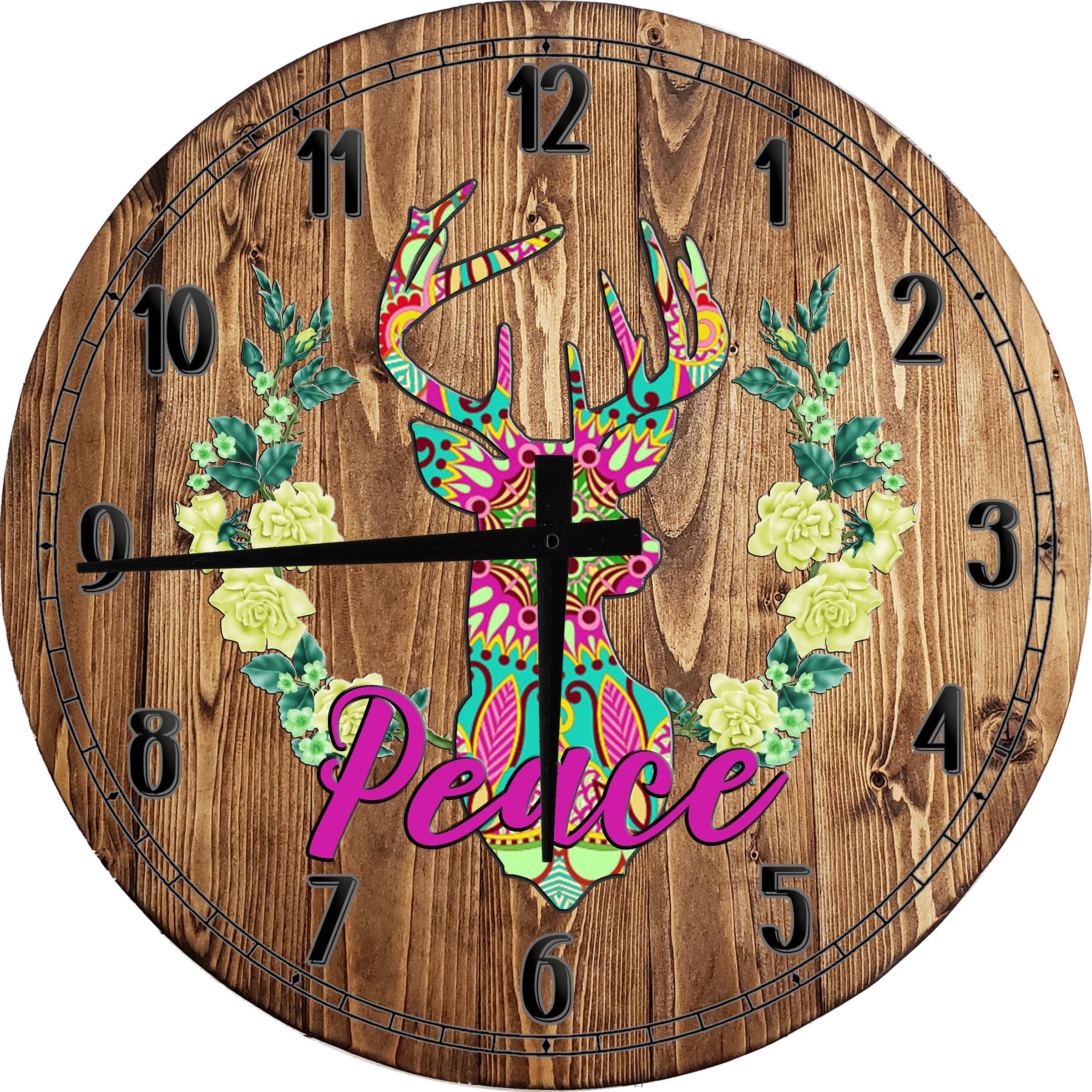 Wood Wall Clock 12 Inch Boho Wall Art Peace Deer Flower Reef Round Small  Battery Operated – Walmart Pertaining To Latest Peace Wood Wall Art (View 14 of 20)