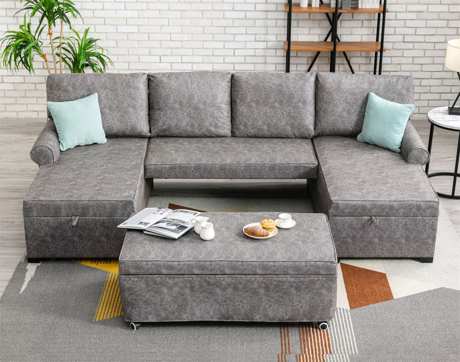 108.75" U Shaped Sofa With Pull Out Bed, Reversible Sectional Sofa With 2  Storage Chaise Lounges And 2 Usb Charging Ports, Convertible Sleeper Sofa  Bed 6 Seater Sofa Sets For Living Room, Gray – Walmart Within U Shaped Sectional Sofa With Pull Out Bed (Gallery 7 of 20)