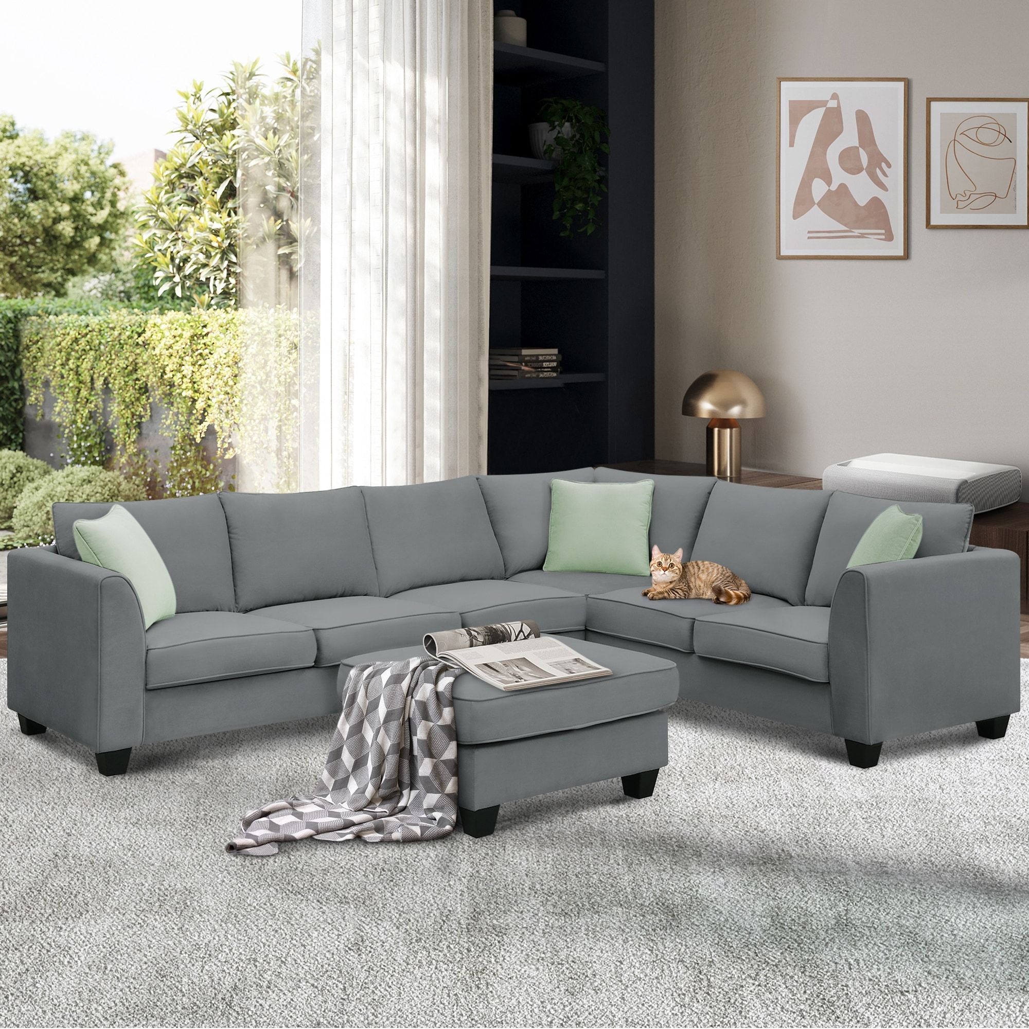 112" Sectional Sofa Couches Living Room Sets 7 Seats Sleeper Sofa With  Ottoman, L Shape Fabric Sofa, Pillow Back Sofa – – 37989197 Regarding Pillowback Sofa Sectionals (View 7 of 20)