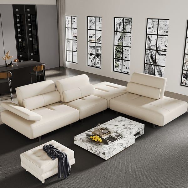 134.6" White Leather Lounge Deep Seat Sectional Sofa With Adjustable Armrest  & Backrest Homary Pertaining To Adjustable Armrest Sofa Couches (Gallery 11 of 20)