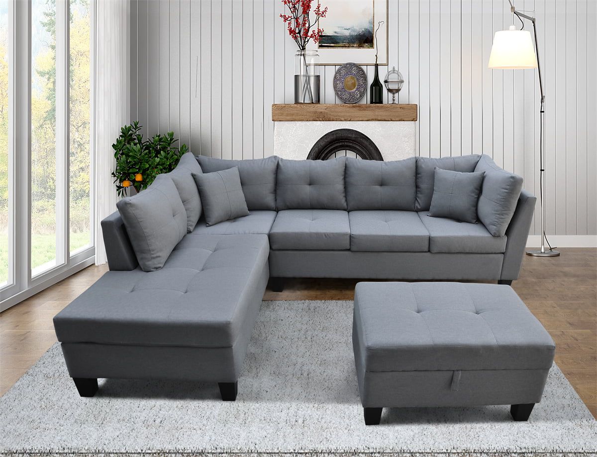 3 Piece Sectional Sofa With Chaise And Storage Ottoman,l Shaped Sofa Bed  Couch With 3 Seat Sofa,7 Back Cusions And 2 Throw Pillows,modern Upholstered  Tufted Sofa Sleeper For Living Room Office,gray – Walmart With Sectional Sofas With Ottomans And Tufted Back Cushion (Gallery 7 of 20)