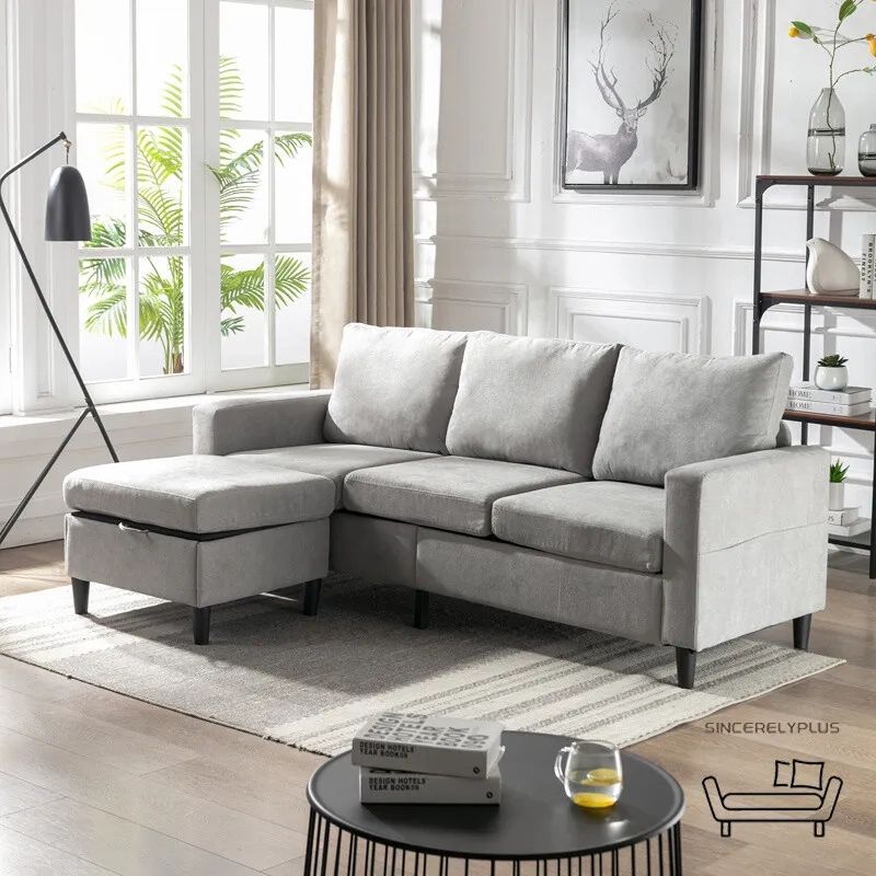 3 Seat Reversible Sectional Sofa Couch Movable Ottoman Plastic Legs Living  Room | Ebay Throughout Sectional Sofas With Movable Ottoman (View 8 of 20)