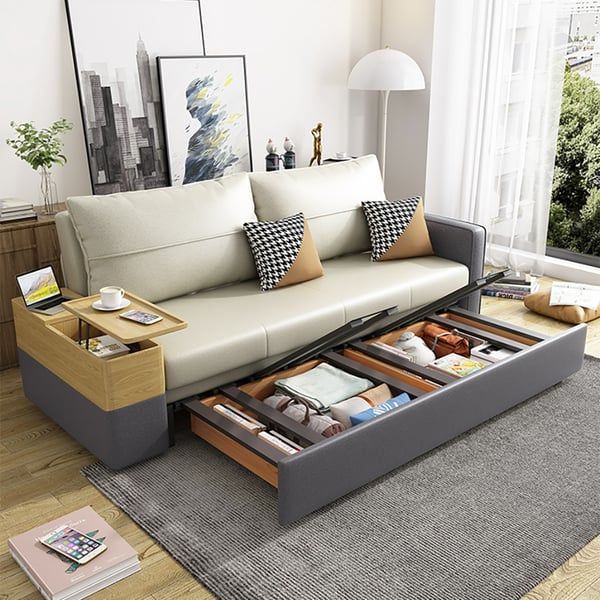 77" Beige & Gray Sleeper Sofa With Lift Top End Table Convertible Sofa Bed  With Storage Homary Inside Sleeper Sofas With Storage (View 5 of 20)