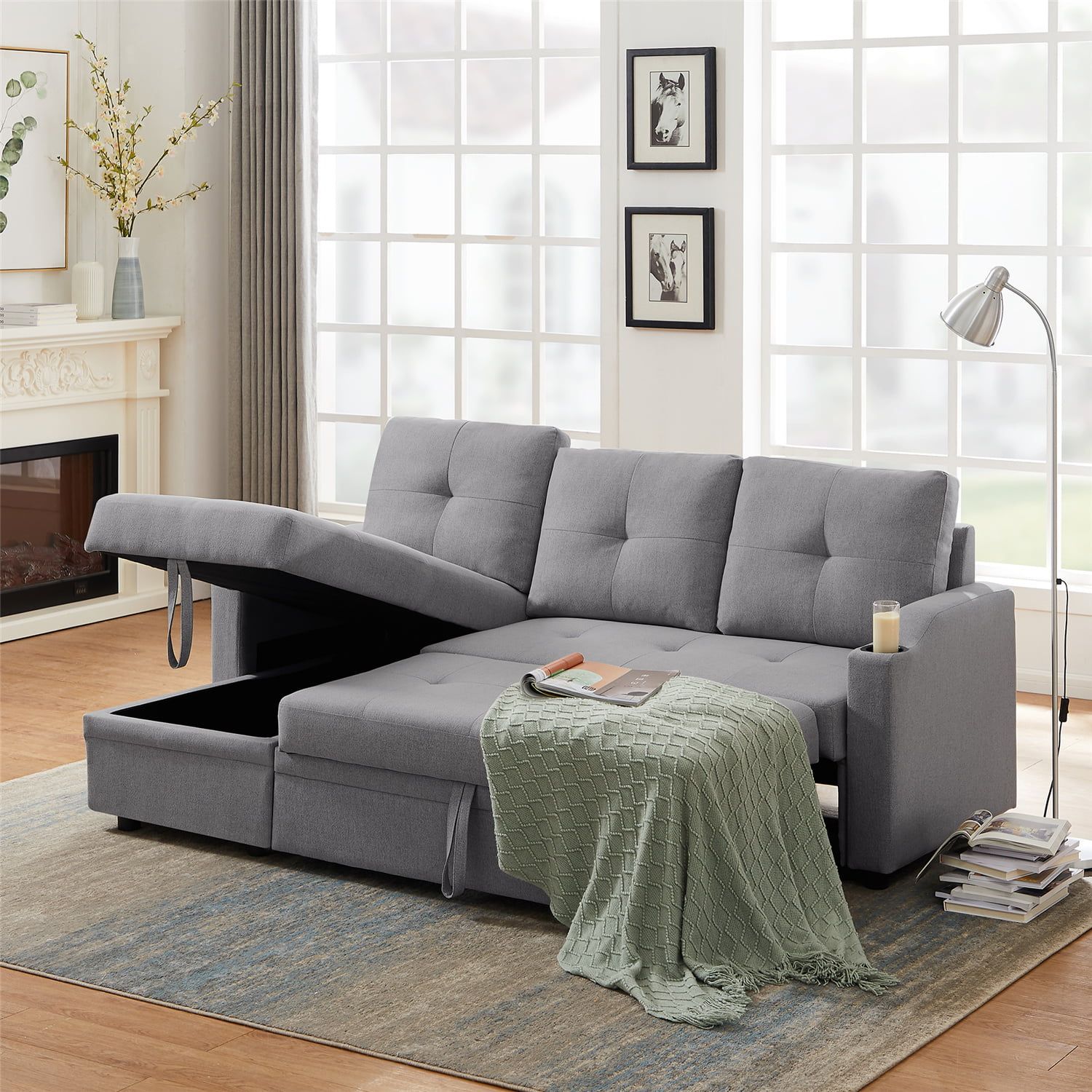 81" Sleeper Sectional Sofa Couch With Pull Out Sleeper And Reversible  Storage Chaise Lounge, Convertible Corner Sofa Couch With Two Cup Holders  For Living Room, Gray – Walmart Inside Sectional Sofa With Storage (Gallery 6 of 20)