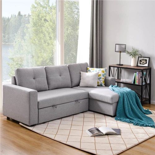 90" 3 Seat L Shaped Pull Out Combination Polyester Sofa Bed Gray Regarding Chaise 3 Seat L Shaped Sleeper Sofas (View 2 of 20)