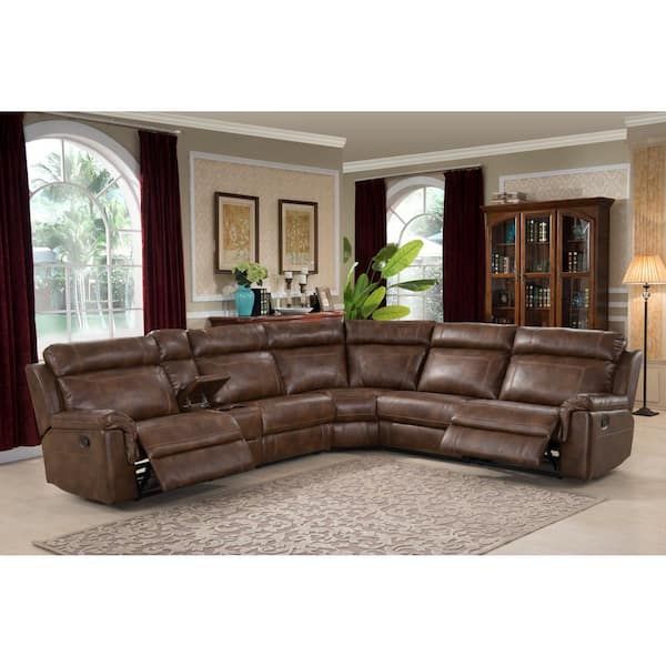 Ac Pacific Clark 6 Piece Brown Faux Leather 6 Seater Curved Reclining Sectional  Sofa Clark 6pc Sectional – The Home Depot Throughout 6 Seater Sectional Couches (View 9 of 20)