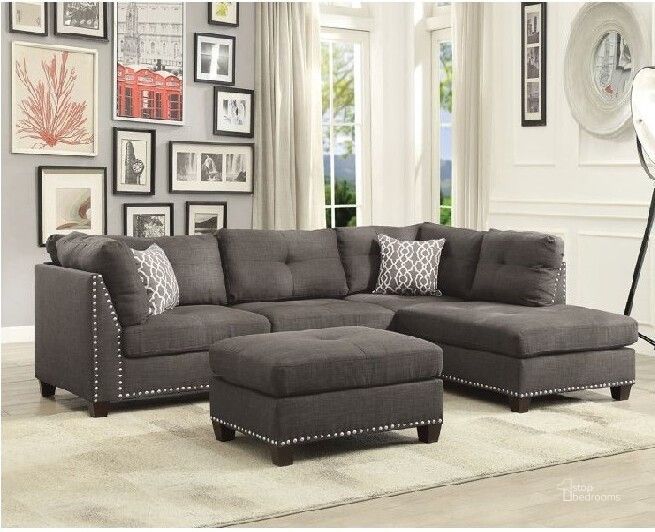 Acme Laurissa Sectional Sofa And Ottoman With 2 Pillows In Charcoal Linen –  1stopbedrooms Inside Sectional Sofas With Ottomans And Tufted Back Cushion (Gallery 12 of 20)