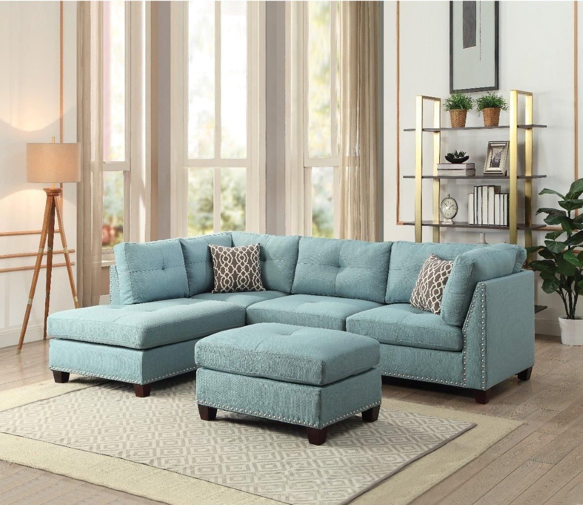 Acme Laurissa Sectional Sofa And Ottoman With 2 Pillows In Light Teal Linen  – 1stopbedrooms With Regard To Sectional Sofas With Ottomans And Tufted Back Cushion (Gallery 1 of 20)