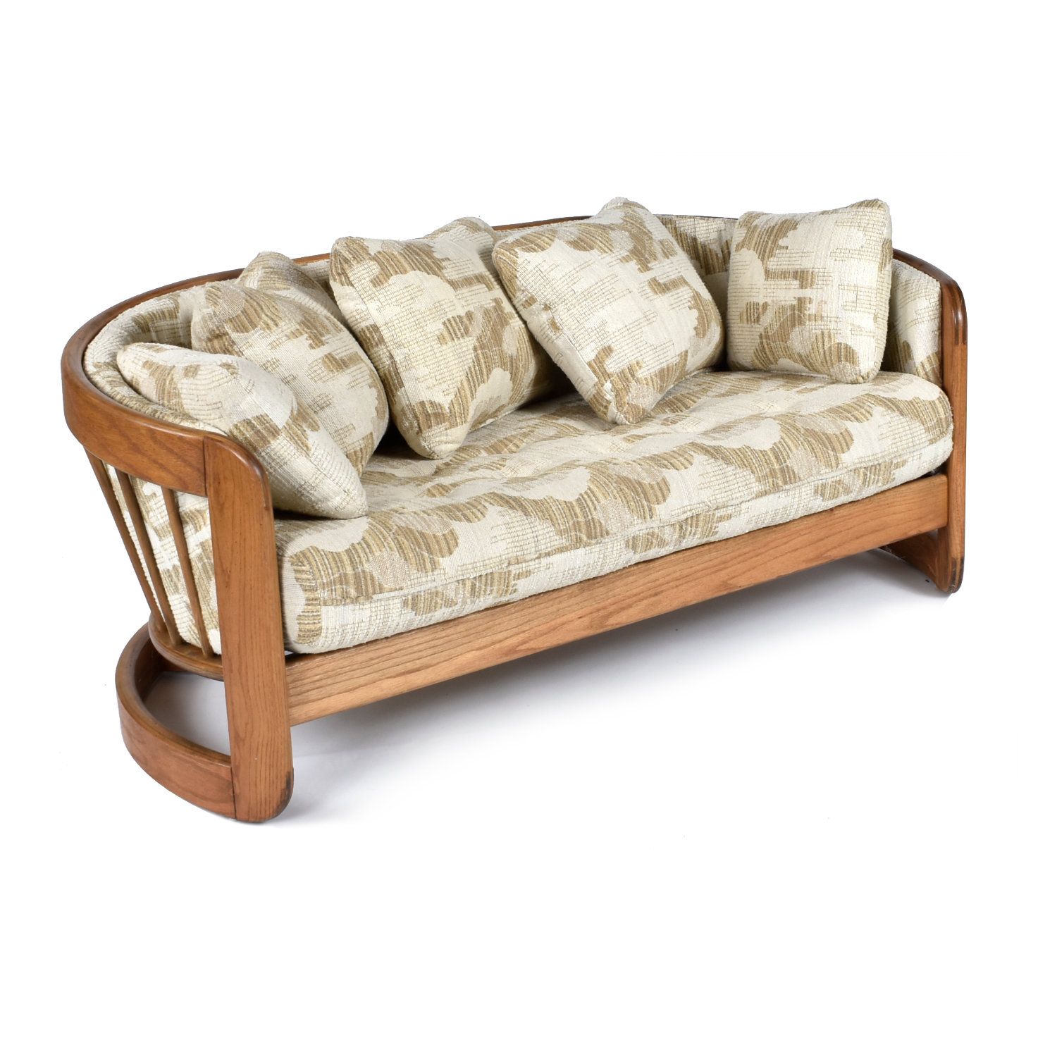 Beige Spindle Back Curved Solid Oak Wood Crescent Shaped Loveseat Within Couches Love Seats With Wood Frame (View 5 of 20)