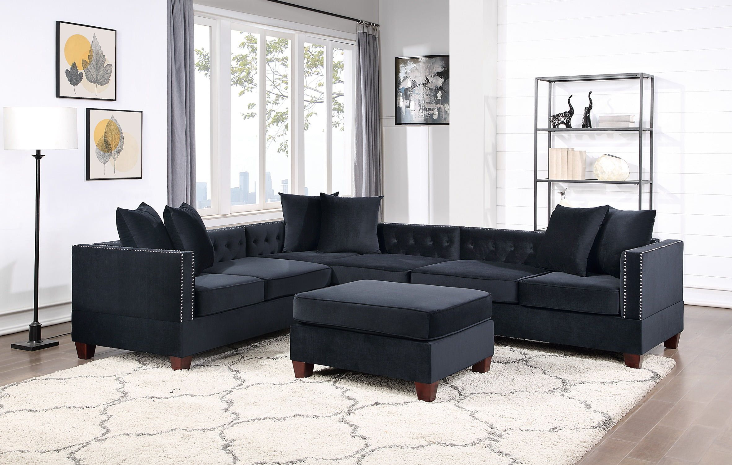 Black Velvet Fabric Solidwood Sectional 4pc Set Reversible Chaise /  Loveseats Ottoman Tufted Cushion Couch Pillows Living Room – Walmart With Sectional Sofas With Ottomans And Tufted Back Cushion (View 3 of 20)
