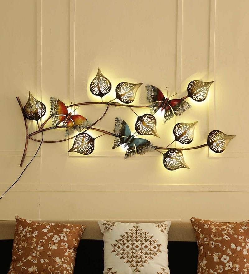 Buy Iron Butterfly On Leaf Wall Art With Led In Brown At 60% Offmalik  Design | Pepperfry Throughout Most Up To Date Multicolor Metal Plates Centerpiece Wall Art (View 9 of 20)
