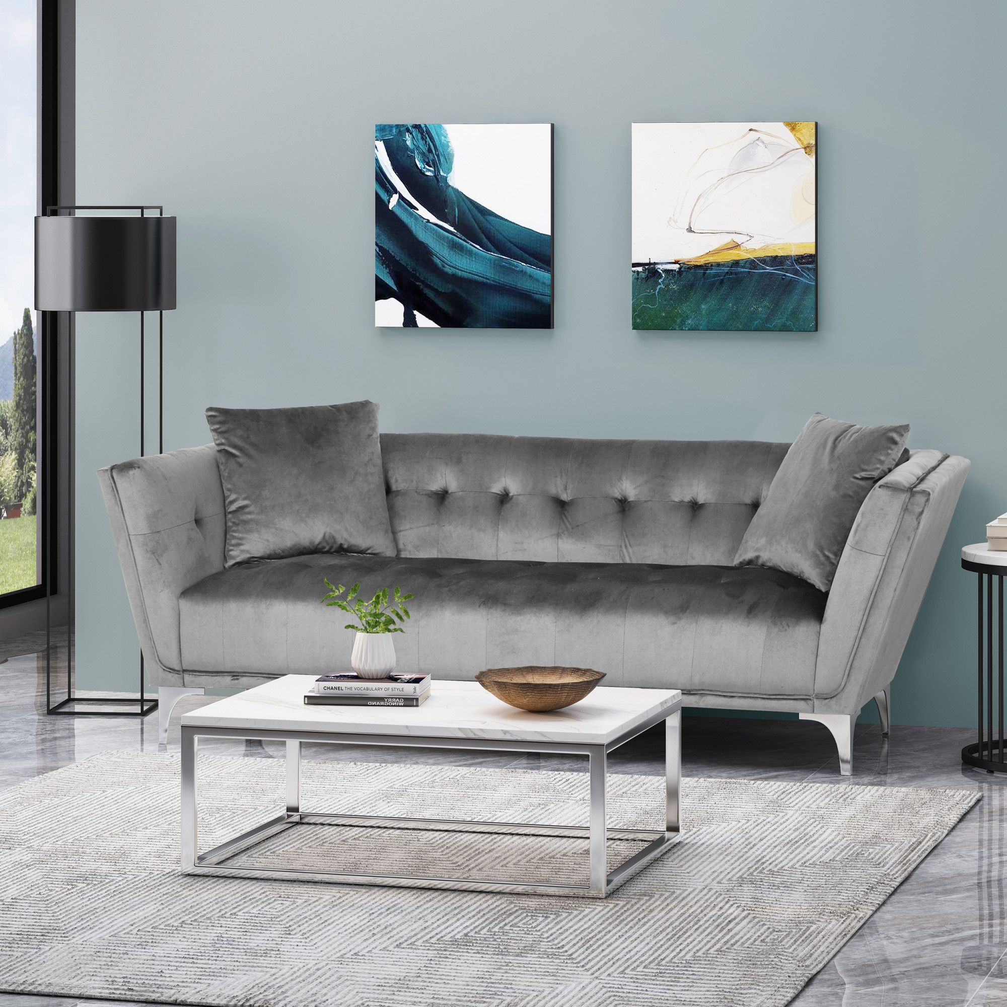 Chopline Modern Glam 3 Seater Velvet Sofa, Smoke And Silver In Smoke Gray/ Silvernoble House Intended For Light Gray Velvet Sofas (Gallery 6 of 20)