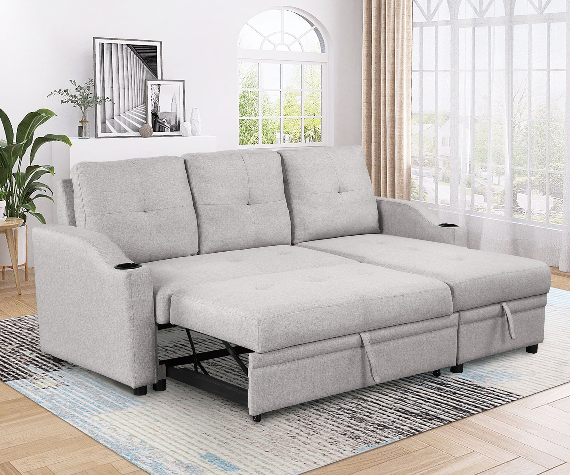 Churanty Pull Out Bed Sleeper Sectional Sofa Upholstery Reversible Couch  With Storage Chaise Cup Holder For Small Spaces,gray – Walmart With Reversible Pull Out Sofa Couches (View 2 of 20)