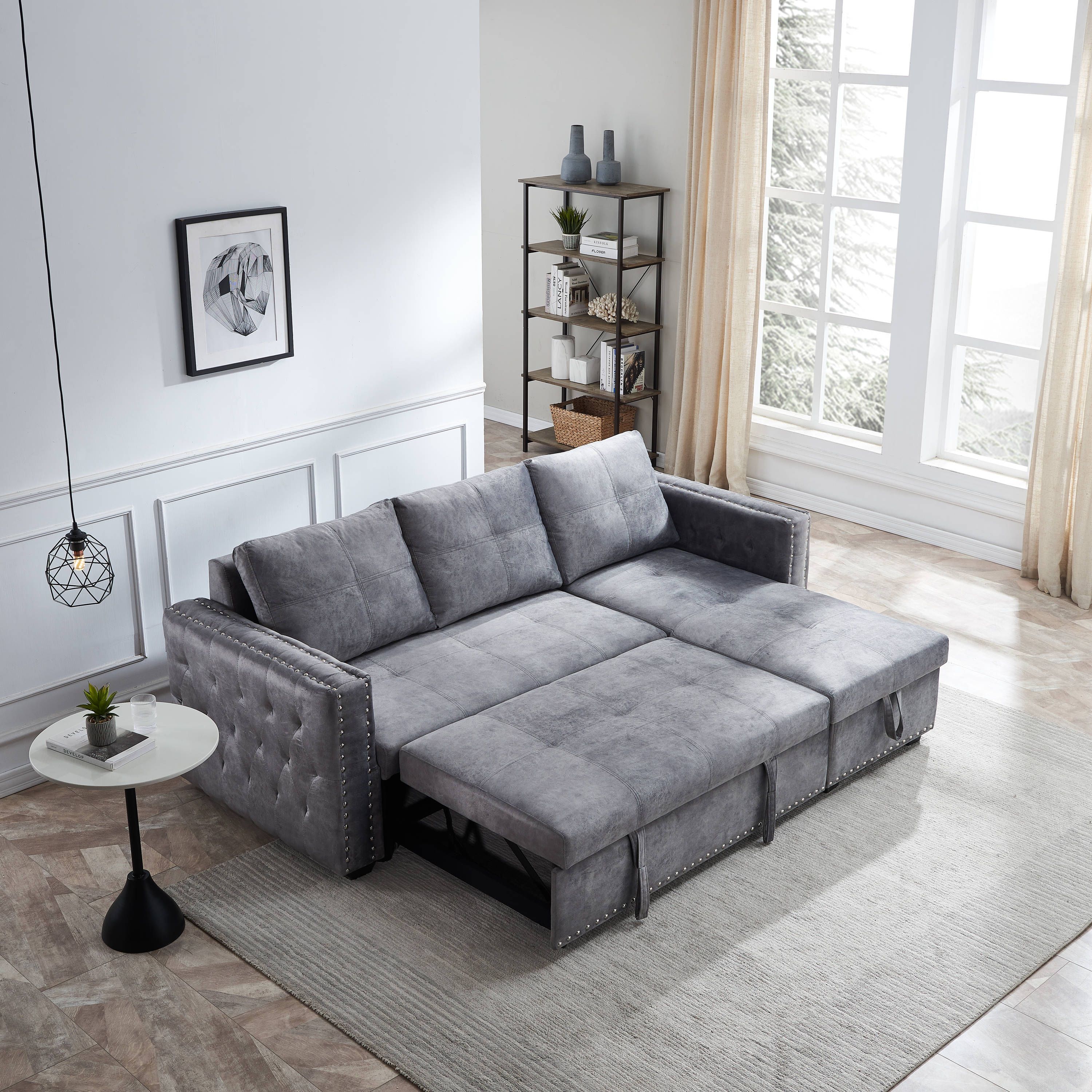 Clihome Sofa With Pulled Out Bed Modern Gray Polyester/blend Sleeper In The  Couches, Sofas & Loveseats Department At Lowes In Reversible Pull Out Sofa Couches (Gallery 1 of 20)