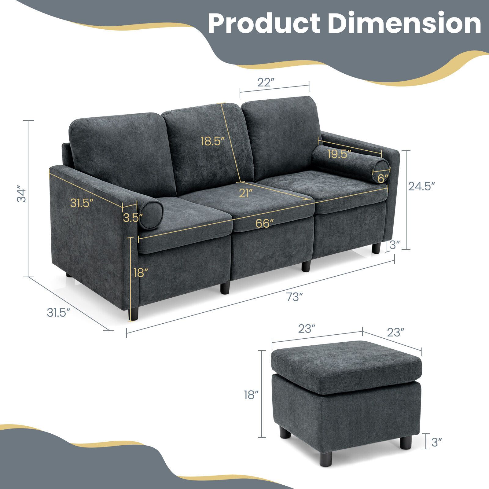 Convertible Sectional Sofa 3 Seat L Shape Couch Movable Ottoman Toweling  Fabric – Asa College: Florida In Sectional Sofas With Movable Ottoman (View 20 of 20)
