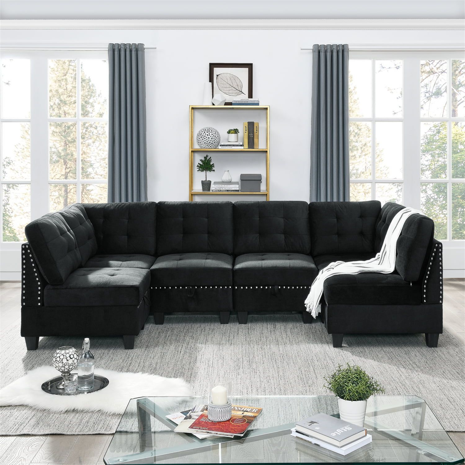Convertible Sectional Sofa Couch, Modern Velvet Upholstered U Shaped Modular  Sofa Set With 2 Single Chairs & 2 Corner Sofas And 2 Ottomans Diy  Combination Couch With Sturdy Leg For Living Room, Black – Regarding Upholstered Modular Couches With Storage (View 13 of 20)