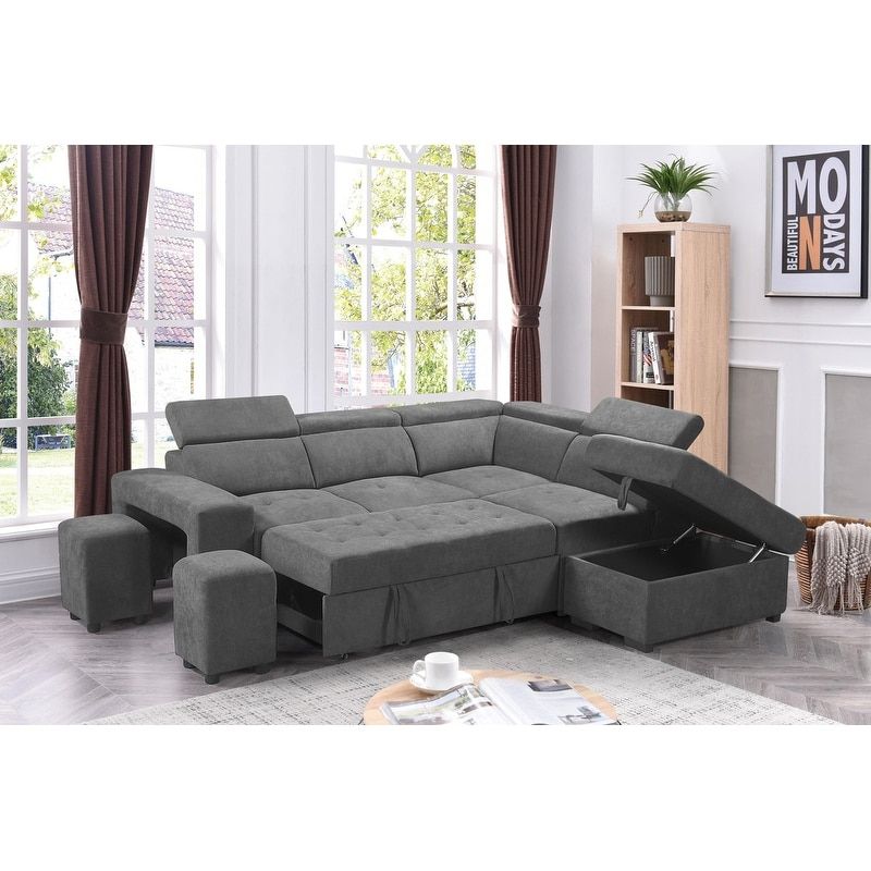 Copper Grove Ajibade Woven Fabric Sleeper Sectional Sofa – On Sale – –  31022785 In Sofas With Storage Ottoman (View 7 of 20)