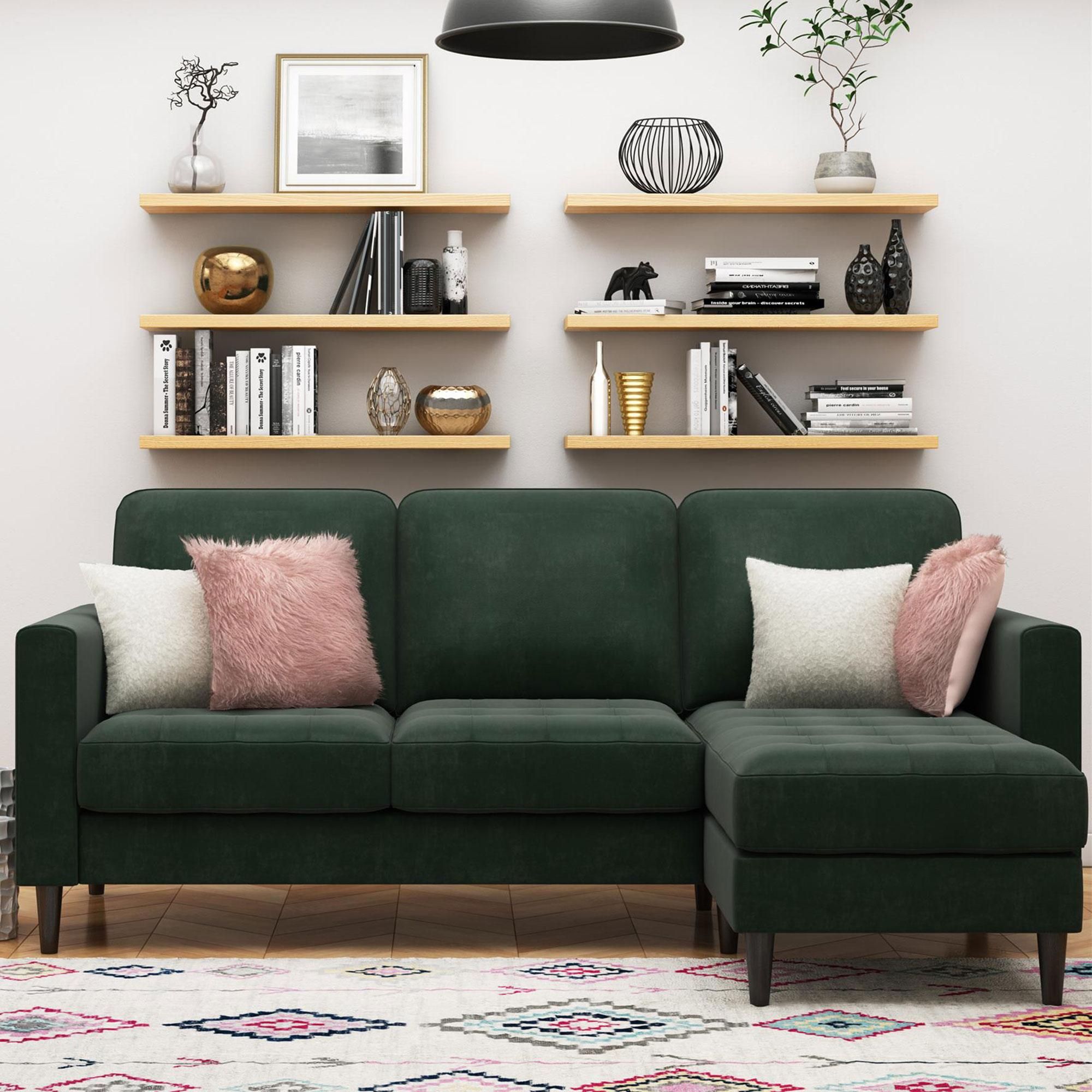 Dorel Asia Strummer 2 Piece Reversible Sectional Sofa With Chaise In Green  Velvet | Nfm Pertaining To Reversible Sectional Sofas (View 14 of 20)