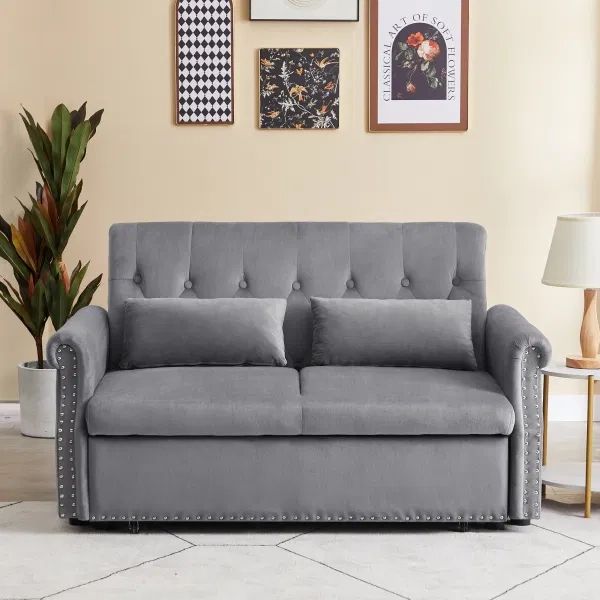 Dropship Artemax 55'' Modern Shiny Velvet Convertible Loveseat Sleeper Sofa  Couch W/ 2 Lumbar Pillows, Adjustable Pull Out Bed And Removable Armrest  For Nursery, Living Room, Apartment, Home Office To Sell Online At With Adjustable Armrest Sofa Couches (Gallery 13 of 20)