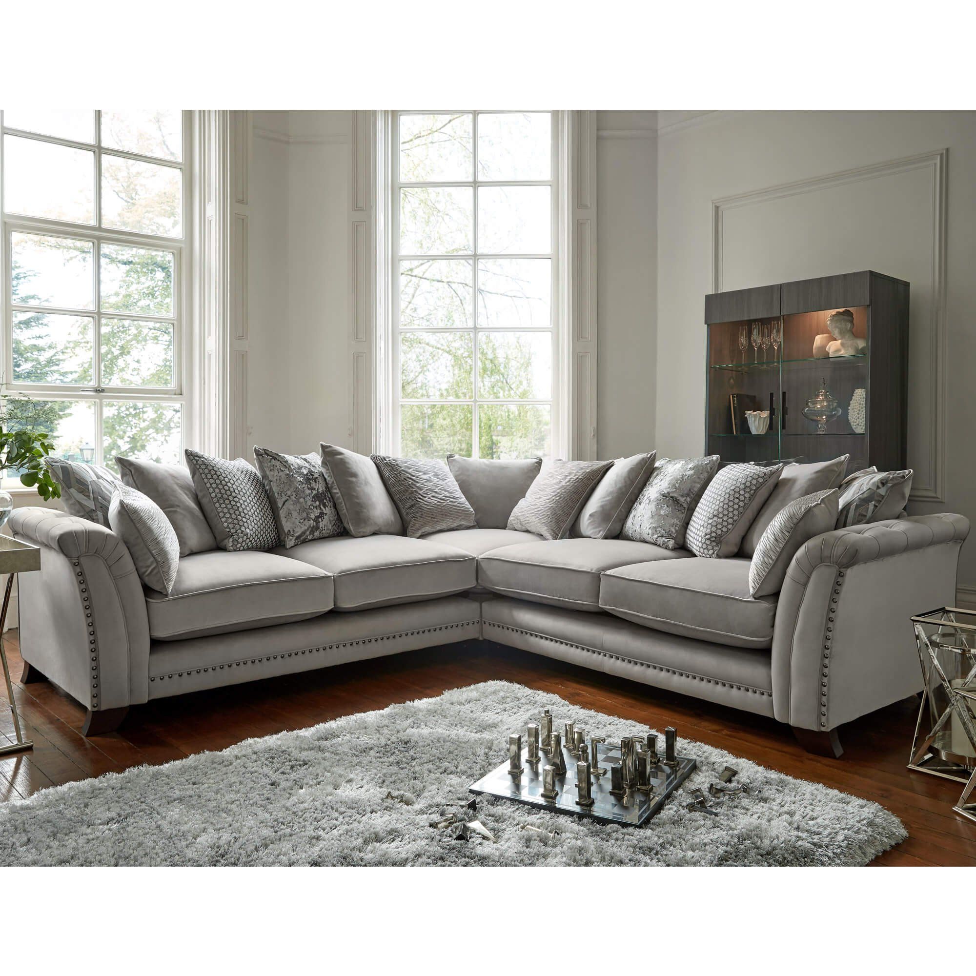 Fairfield Silver Velvet Pillow Back Sofa Collection Inside Pillowback Sofa Sectionals (View 14 of 20)