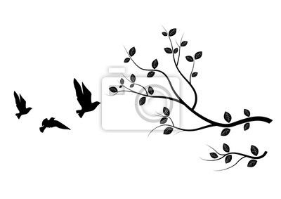 Flying Birds On Branch, Birds Silhouette, Birds On Tree, Art Wall Mural •  Murals Silhouette, Natural, Drawing | Myloview Inside Most Up To Date Silhouette Bird Wall Art (View 16 of 20)