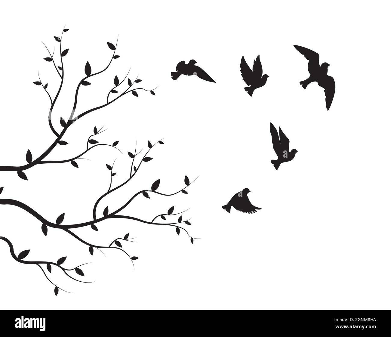 Flying Birds Silhouettes And Branch Illustration Isolated On White  Background, Vector. Natural Wall Decals, Wall Art, Artwork (View 10 of 20)
