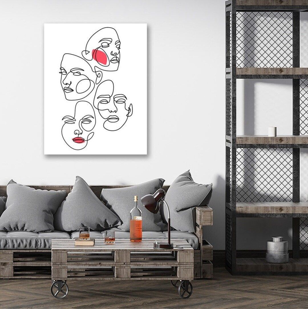 Four Faces One Line Drawing Abstract Digital Art Extra Large – Etsy Ireland For Recent Large Single Line Metal Wall Art (View 2 of 20)