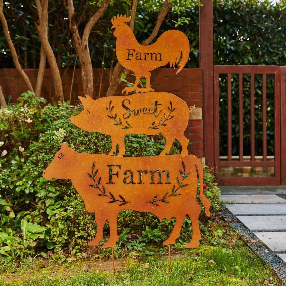 Glitzhome 49.5 In. H Metal Farmhouse Silhouette Rustic Yard Stake Wall Decor  ( Multi Function) (3 Piece) 2023000004 – The Home Depot Throughout Most Up To Date Metal Sign Stake Wall Art (Gallery 18 of 20)