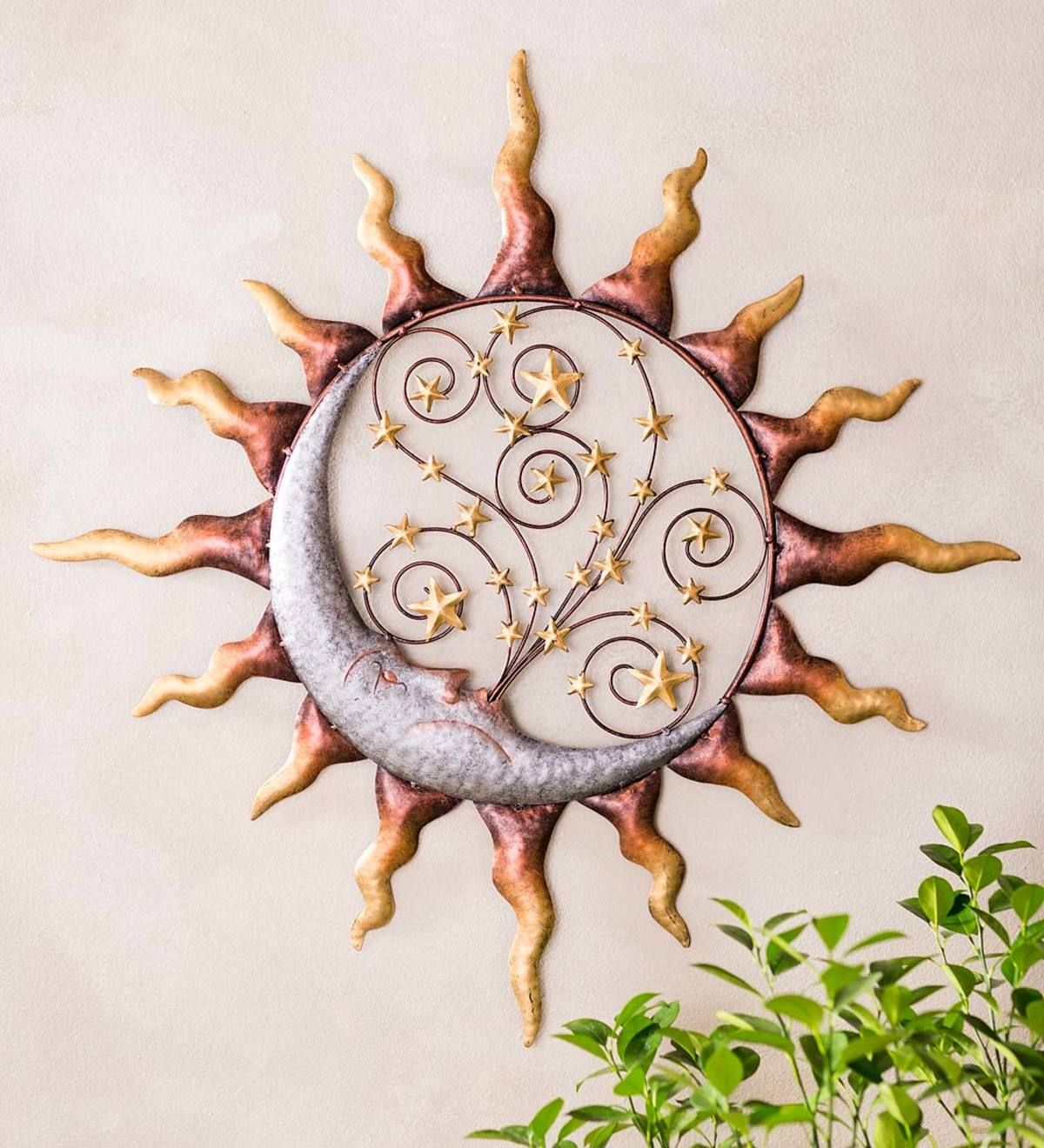 Handcrafted Metal Sun, Stars And Blowing Moon Wall Art | Wind And Weather Pertaining To Most Recently Released Sun Moon Star Wall Art (View 5 of 20)