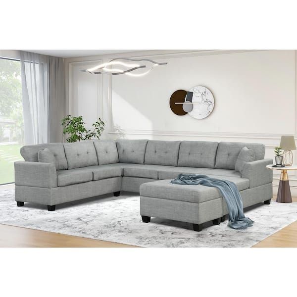 Harper & Bright Designs 121.3 In. W 4 Piece Linen U Shaped Modern Sectional  Sofa With Storage Ottoman And 2 Throw Pillows In Light Gray Cj461aae – The  Home Depot Throughout Sectional Sofas With Ottomans And Tufted Back Cushion (Gallery 14 of 20)
