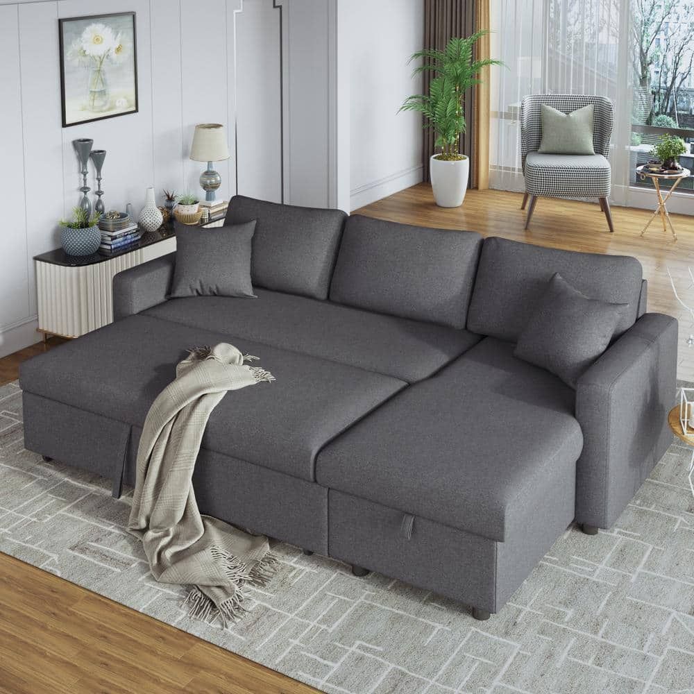 Harper & Bright Designs 87.4 In. W 1 Piece Fabric L Shaped Sleeper 3 Seats Sectional  Sofa In Gray With Storage Space And 2 Pillows Wyt107eaa – The Home Depot For Sectional Sofa With Storage (Gallery 20 of 20)