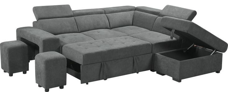 Henrik Gray Sleeper Sectional Sofa With Storage Ottoman And 2 Stools –  Transitional – Sleeper Sofas  Lilola Home | Houzz | Sectional Sleeper  Sofa, Sectional Sofa, Sleeper Sectional Pertaining To Sleeper Sofas With Storage (View 11 of 20)