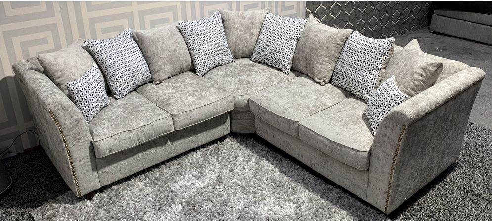Holly Light Grey 2c2 Fabric Pillow Back Corner Sofa With Studded Arms | Leather  Sofa World Throughout Pillowback Sofa Sectionals (View 11 of 20)