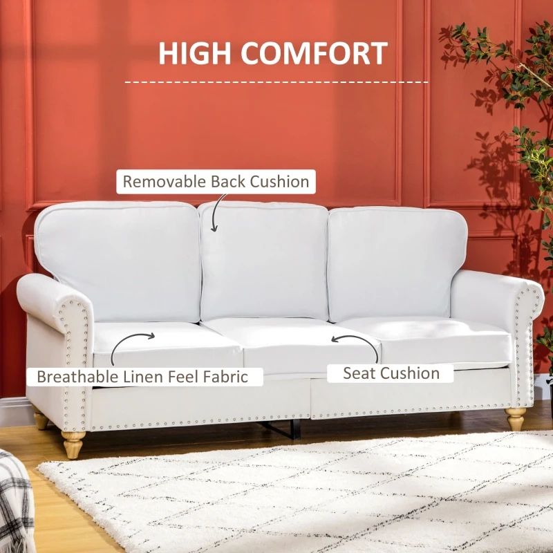 Homcom 3 Seater Sofa Couch, 81" Modern Linen Fabric Sofa With Rubberwood  Legs, Studded Trim And Rolled Arms For Living Room, Bedroom And Apartment,  White | Aosom Canada With Modern Linen Fabric Sofa Sets (View 20 of 20)