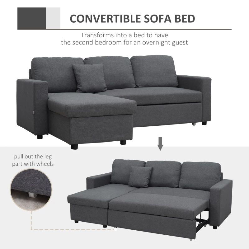 Homcom Sectional Sleeper Sofa, Linen Fabric L Shaped Couch With Pull Out  Bed, Reversible Storage Chaise For Living Room, Apartment, 3 Seat, Dark  Grey | Aosom Pertaining To Chaise 3 Seat L Shaped Sleeper Sofas (View 13 of 20)