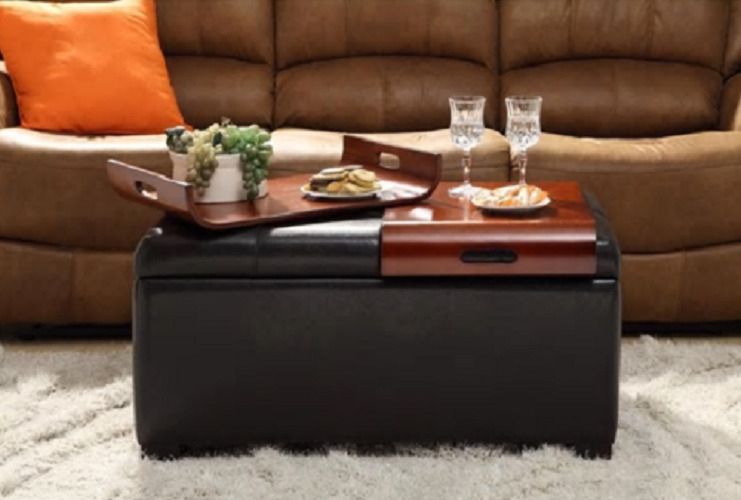 Home Furniture Leather Ottoman Storage Bench Seat Table Serving Tray  Footstool | Ebay For Sofa Set With Storage Tray Ottoman (View 15 of 20)
