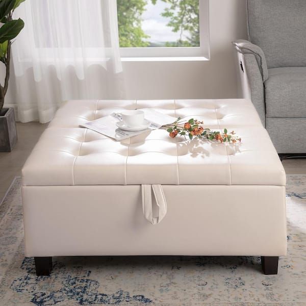 Homestock 35 Inch Tufted Upholstered Lift Top Ottoman Bench, Large Square  Storage Coffee Table, Footrest Stool, Cream 85578w – The Home Depot For Sofa Set With Storage Tray Ottoman (View 11 of 20)