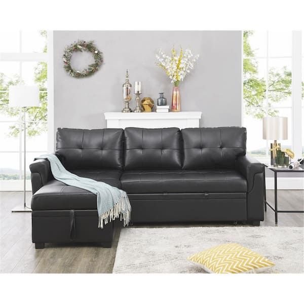 Homestock 78 In W Black, Reversible Air Leather Faux Leathersleeper  Sectional Sofa Storage Chaise Pull Out Convertible Sofa 18777hdn – The Home  Depot Within Convertible Sofa With Matching Chaise (View 20 of 20)
