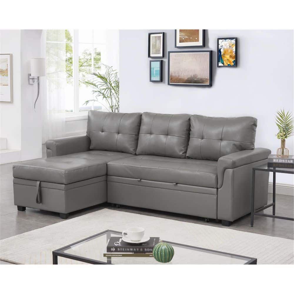 Homestock 78 In W Gray, Reversible Air Leather Faux Leathersleeper  Sectional Sofa Storage Chaise Pull Out Convertible Sofa 18776hdn – The Home  Depot In Convertible Sofa With Matching Chaise (Gallery 8 of 20)