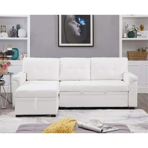 Homestock 78 In W White, Reversible Velvet Sleeper Sectional Sofa Storage  Chaise Pull Out Convertible Sofa 18782hdn – The Home Depot With Regard To Convertible Sofa With Matching Chaise (View 6 of 20)