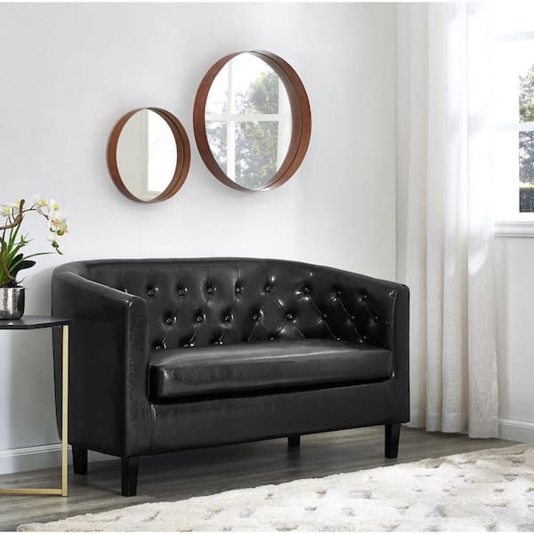 Homestock Black Love Seat, Button Tufted Faux Leather Barrel Loveseat,  Midcentury Modern 2 Seater Couch, Small Loveseat 99310 – The Home Depot With Regard To Modern Loveseat Sofas (Gallery 6 of 20)