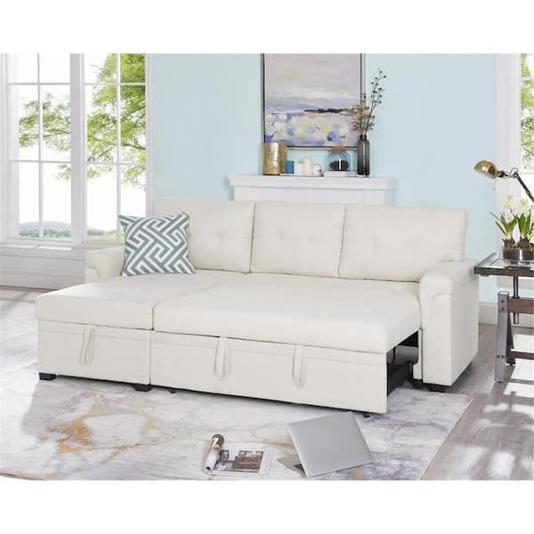Homestock Cream Velvet Sectional Sleeper Sofa With Pull Out Bed, Reversible Sectional  Sofa Bed, L Shape Pull Out Couch Bed 99733 W – The Home Depot In U Shaped Sectional Sofa With Pull Out Bed (Gallery 13 of 20)