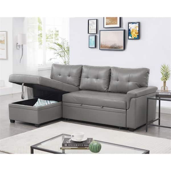 Homestock Gray, Reversible Air Leather Sleeper Sectional Sofa Storage  Chaise 99320 – The Home Depot Within Sleeper Sofas With Storage (View 3 of 20)