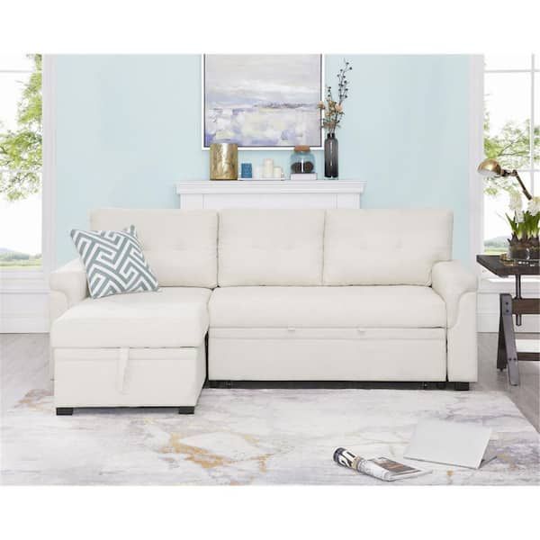 Homestock White, Reversible Air Leather Sleeper Sectional Sofa Storage  Chaise 99323 – The Home Depot With Regard To Reversible Pull Out Sofa Couches (View 12 of 20)
