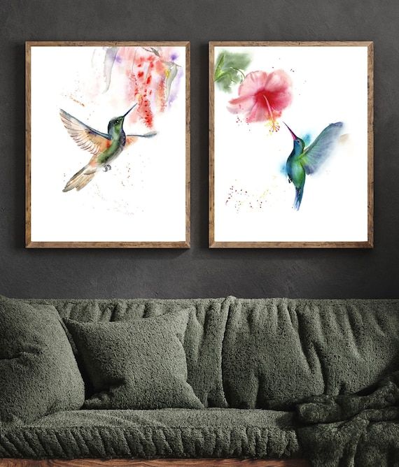 Hummingbird Wall Art Set Of 2 Hummingbird Prints Watercolor – Etsy With Regard To Most Up To Date Hummingbird Wall Art (View 6 of 20)