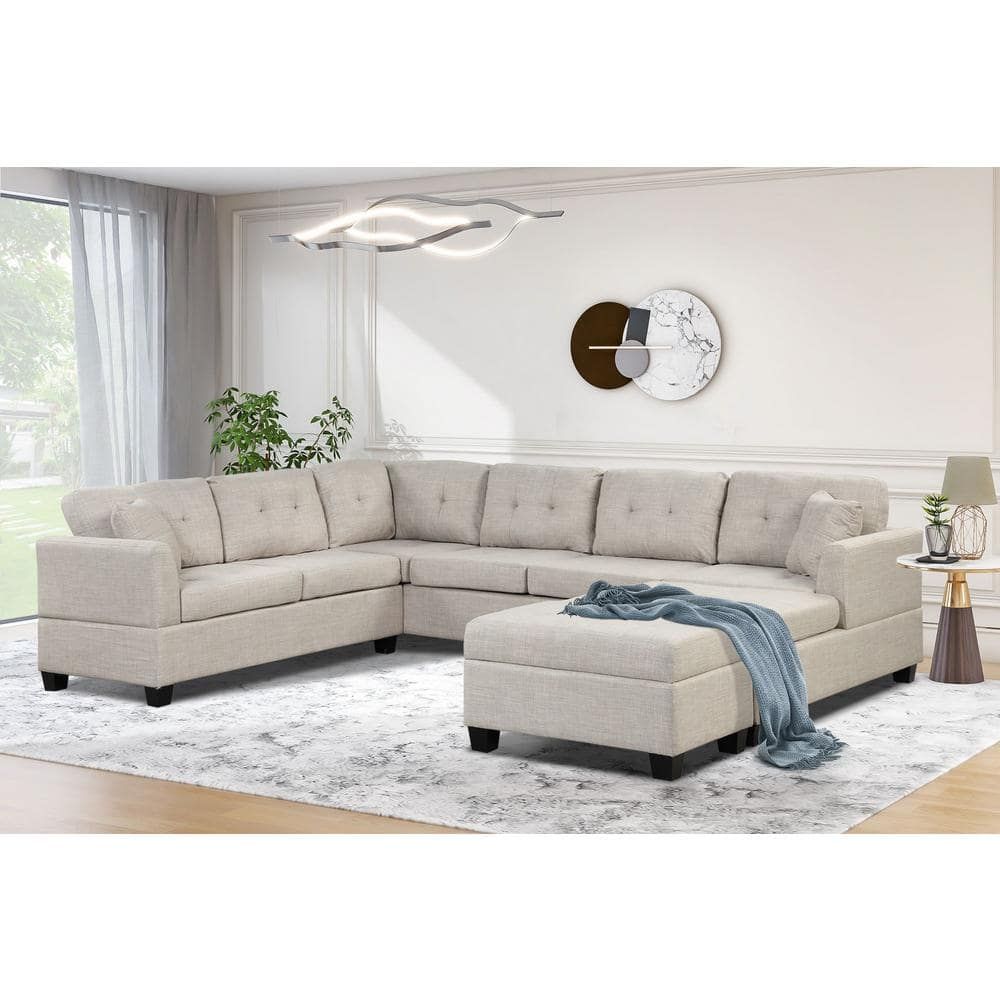J&e Home 121.3 In. W Linen Square Arm 8 Seater U Shaped Oversized Sectional  Sofa With Storage Ottoman In Light Beige Gd Gs008367aae – The Home Depot Intended For Sectional Sofa With Storage (Gallery 14 of 20)