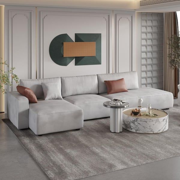 J&e Home 145.67 In. W Square Arm 3 Piece Technology Fabric L Shape Modern  Design Leather Corner Sectional Sofa In Beige Je Sfp80cngy – The Home Depot With Regard To Modern L Shaped Fabric Upholstered Couches (Gallery 15 of 20)